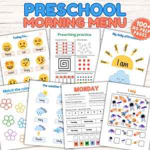 May include: A collection of colorful preschool learning activity sheets. The sheets include exercises for prewriting practice, matching colors, weather identification, and daily affirmations. The title "PRESCHOOL MORNING MENU" is displayed at the top.
