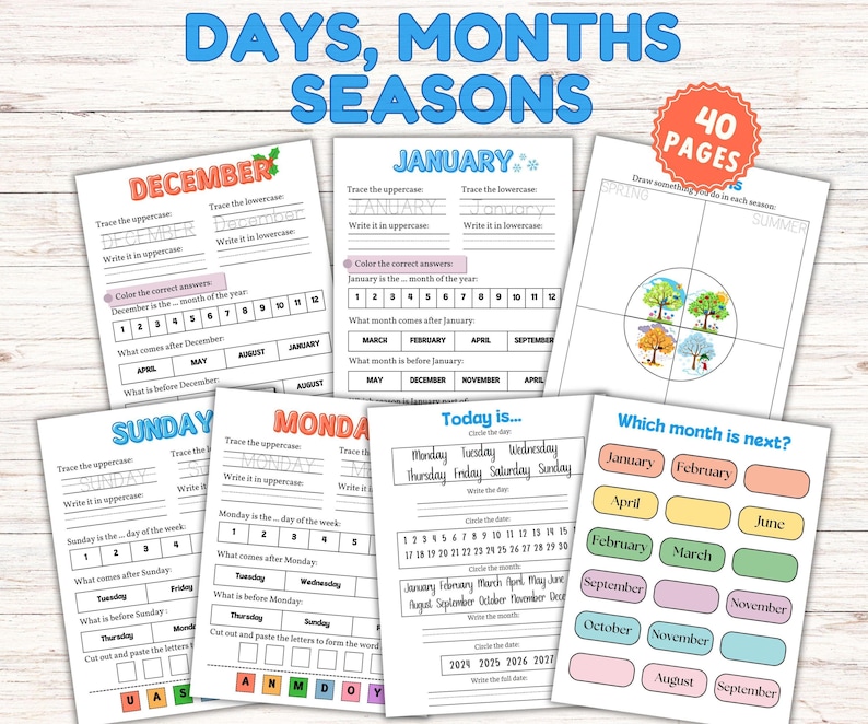 Printable pack of 40 worksheets for learning the days of the week, months of the year and seasons. Perfect for preschool, pre-k and kindergarten to trace and write the names of the days, months, seasons, learn their order and recognize them. Includes lots of extra fun and diverse exercises to make practice fun and help with retention of informations. Great tracing and handwriting practice, cut and paste activities, coloring and more. Perfect for homeschool or classroom activities.