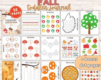 May include: A fall-themed toddler activity book with 50 pages. The cover features a hedgehog and fall foliage. Inside are various activities, including counting, matching shapes, tracing lines, and dot-to-dot pages. The journal includes bonus dot pages.