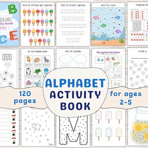 Libro de actividades del alfabeto para niños pequeños, paquete de aprendizaje, reconocimiento de letras, páginas de puntos del alfabeto, hojas de trabajo imprimibles para preescolar en PDF