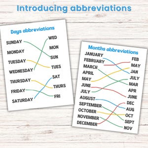 May include: Two white educational charts on a wooden surface. The top chart reads "Introducing abbreviations". The left chart shows days of the week and their abbreviations. The right chart shows months and their abbreviations.