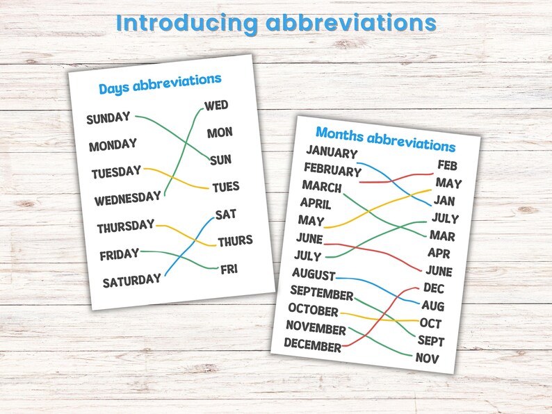 May include: Two white educational charts on a wooden surface. The top chart reads "Introducing abbreviations". The left chart shows days of the week and their abbreviations. The right chart shows months and their abbreviations.