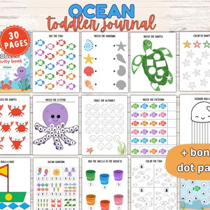 May include: A colorful toddler activity book with ocean-themed pages. The cover reads "30 PAGES" and "Ocean Toddler Activity Book." Inside are pages with activities like matching shapes, colors, and letters. The book includes bonus dot pages.
