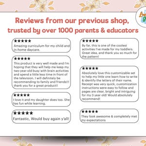 May include: A pink background with floral accents features customer reviews. Text reads "Reviews from our previous shop, trusted by over 1000 parents & educators." Reviews include star ratings and positive comments about educational products.