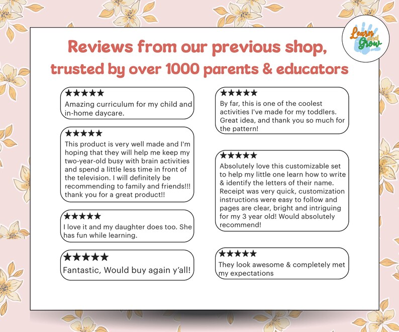 May include: A pink background with floral accents features customer reviews. Text reads "Reviews from our previous shop, trusted by over 1000 parents & educators." Reviews include star ratings and positive comments about educational products.