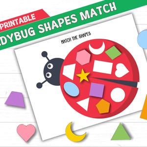 Op de afbeelding: Een printbaar educatief spel met de titel "Ladybug Shapes Match". Het spel toont een rode lieveheersbeestje met verschillende vormen erin, en verschillende losse vormen in verschillende kleuren. De tekst "Printable" is rood en "Ladybug Shapes Match" is groen.