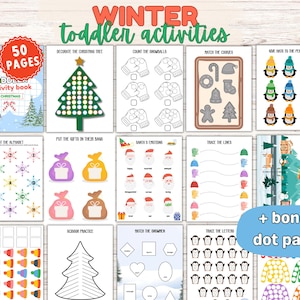 May include: A collection of winter-themed toddler activity pages. The cover of the activity book features a penguin wearing a Santa hat. The pages include activities like matching, tracing, and coloring, with a Christmas theme. The text reads "Winter Toddler Activities".