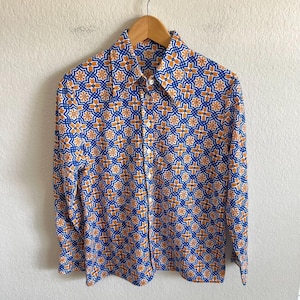 VINTAGE 80s Blue Gold Boho Hippie Button Down Collar Long Sleeve Shirt Womens