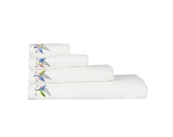 HAND EMBROIDERED Colorful Feather 100% Turkish Cotton Bath Towels, 4 piece Bundle, White.
