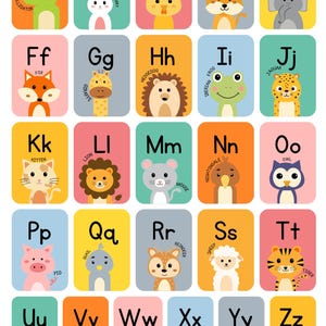 May include: Colorful alphabet flashcards featuring animals. Each card displays a letter from A to Z, paired with an animal illustration and its name. The cards have a rectangular shape with rounded corners and a solid color background.