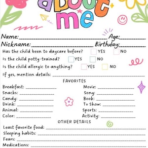 May include: A colorful "All About Me" fill-in sheet with playful illustrations of flowers, rainbows, and stars. Includes sections for name, age, favorites, and other details. Perfect for kids to express themselves.