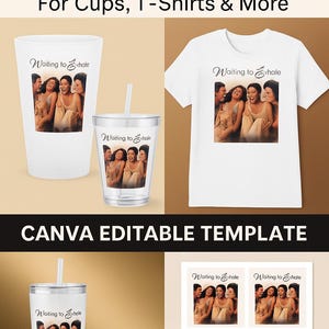 以下が含まれることがあります： 「WAITING TO EXHALE DIGITAL TEMPLATE」のテキストが入った、カップ、Tシャツなどのデジタルテンプレート。白いTシャツ、カップ、タンブラーに映画の画像とロゴが表示されています。テンプレートはCanvaで編集可能です。