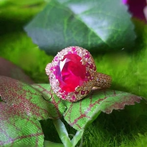 Può includere: Un anello d'oro con un grande rubino ovale come elemento centrale. Il rubino è circondato da pietre preziose rosa più piccole e incastonato su una fascia d'oro. L'anello è esposto su una foglia verde.
