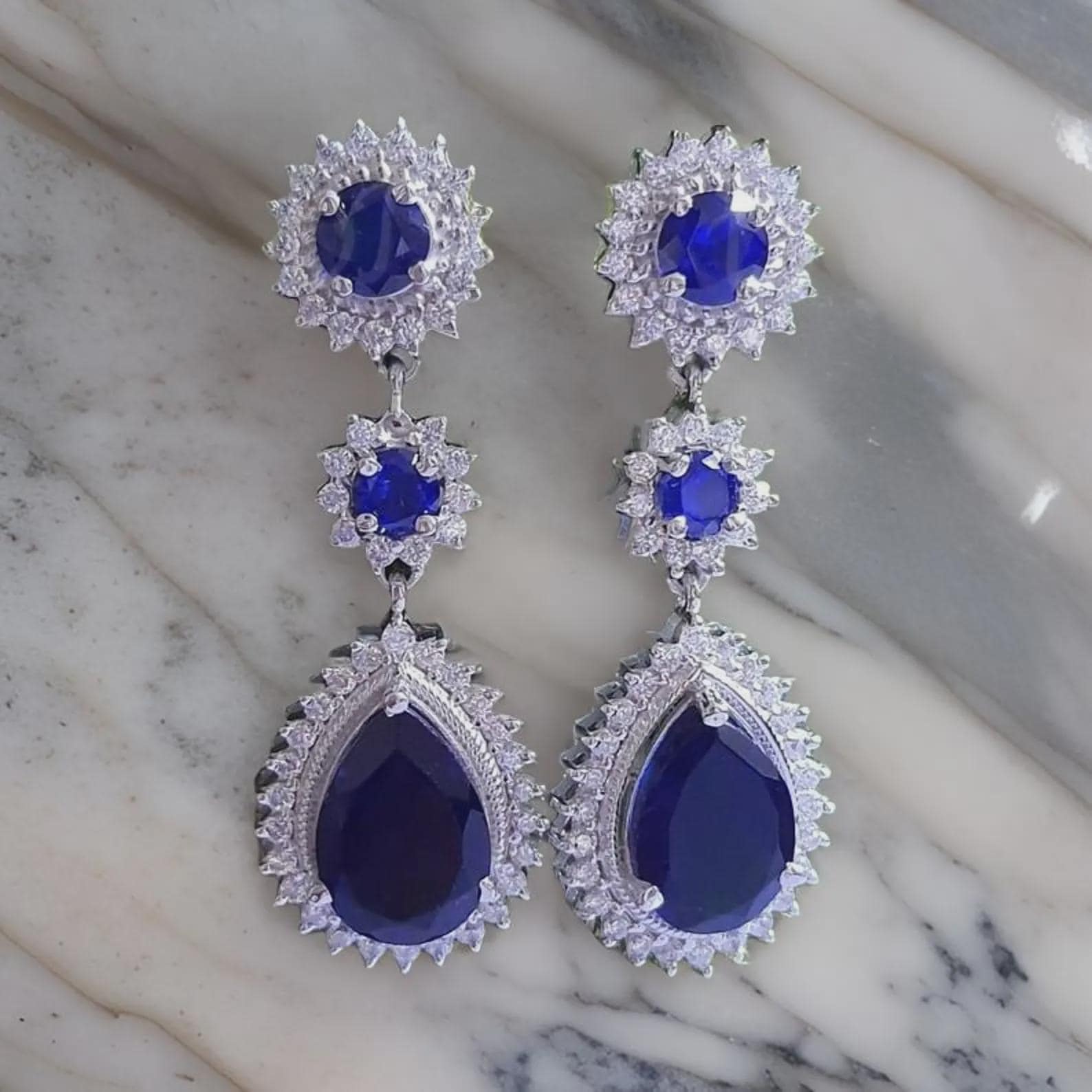 2ct Pear Cut Drop Dangle Earrings Blue Sapphire 14k White  display picture 1