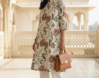 Floral Block Print Khadi Cotton Kurti & Pant Set – A-Line Tunic