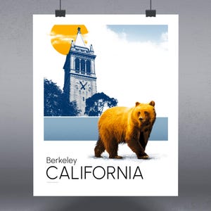 May include: A poster featuring a golden brown bear walking towards the viewer. The background includes a blue and white illustration of a clock tower, a yellow sun, and the text "Berkeley CALIFORNIA."