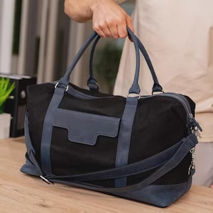 キャンバスとダークブルーの本革を使用したトラベルバッグ クレイジーホース - BN-BAG-53-nn