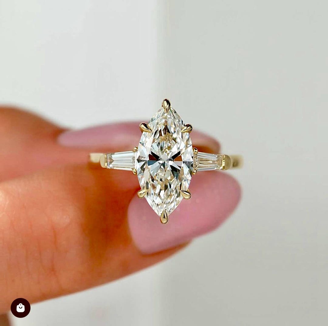 Marquise Cut Lab Grown Diamond Engagement Ring • 14K Gold Baguette - Etsy