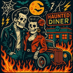 Haunted Diner Rockabilly Shirt - Retro Skeleton Couple T-Shirt with Flames Hot Rod and Vintage Horror Halloween Style Tee - Free Shipping