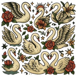 Swans Tattoo Flash T‑Shirt • Free Shipping • Vintage Swan Ink Art Tee – Elegant Waterfowl Design