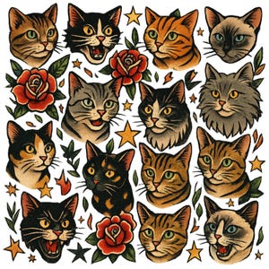 Alley Cats Tattoo Flash T‑Shirt • Vintage Cat Graphic Tee • Urban Streetwear