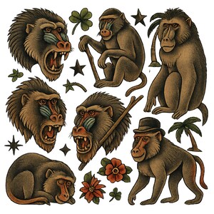 Baboon Tattoo Flash T-Shirt - Vintage Primate Animal Art Tee with Flowers Stars Clovers and Palm Trees - Free Shipping