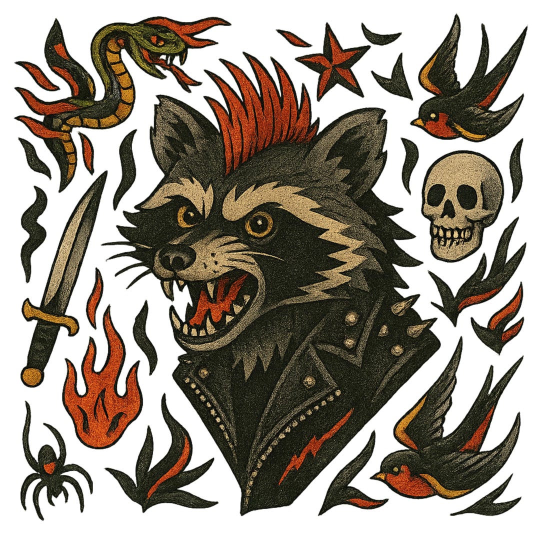 Punk Rock Raccoon T-shirt - Tattoo Flash Trash Panda - Graphic Vintage ...