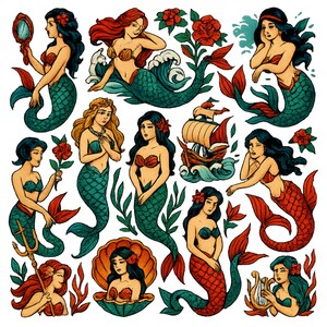 Mermaids Tattoo Flash T-Shirt – Vintage Ocean Fantasy Art Tee