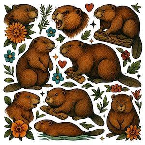 Beaver Tattoo Flash T-Shirt – Funny Beaver Graphic Tee – Maximalist Vintage Style