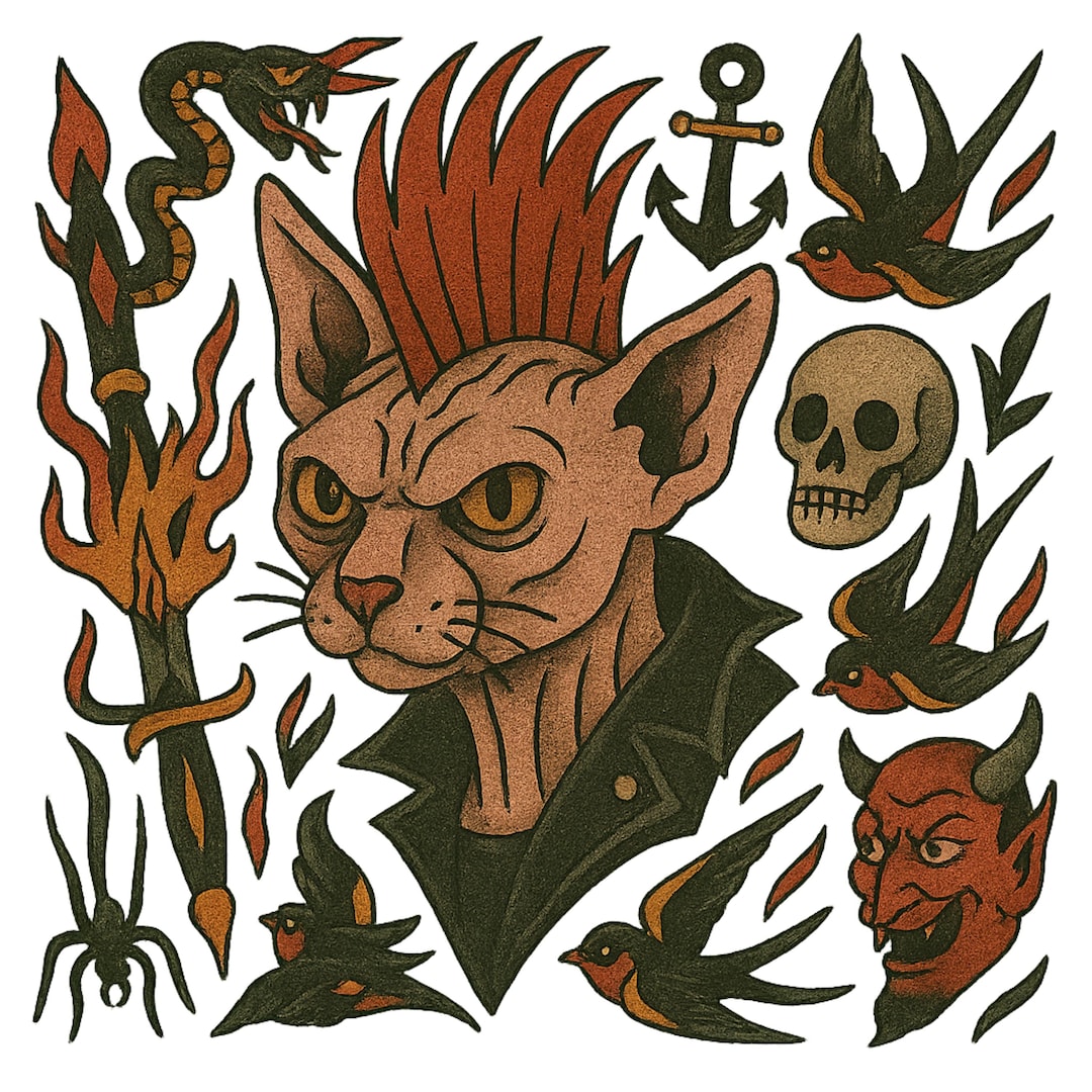 Punk Rock Hairless Cat T-shirt - Tattoo Flash Sphynx Cat Graphic ...