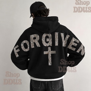 Camo Forgiven Arm to Arm Lettering Hoodie, Hunting Sweatshirt Faith Christmas Gift Religious Present Jesus Apparel Christian Text Zip Hoodie image 1