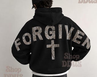Camo Forgiven Arm to Arm Lettering Hoodie, Hunting Sweatshirt Faith Christmas Gift Religious Present Jesus Apparel Christian Text Zip Hoodie