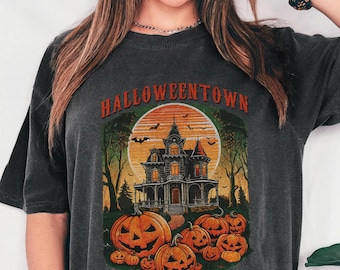 Vintage Halloween Town Comfort Colors Shirt: Haunted House Pumpkin Tee