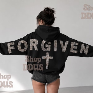 Camo Forgiven Arm to Arm Lettering Hoodie, Hunting Sweatshirt Faith Christmas Gift Religious Present Jesus Apparel Christian Text Zip Hoodie image 5