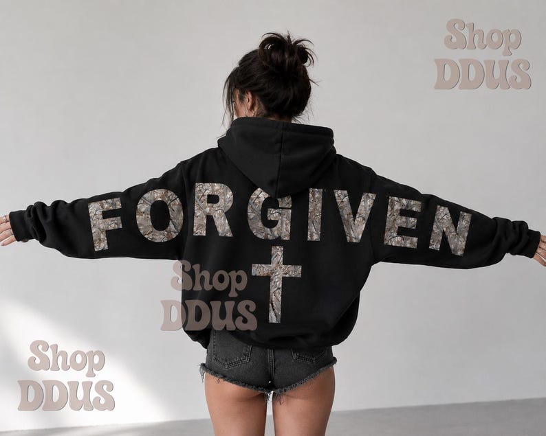 Camo Forgiven Arm to Arm Lettering Hoodie, Hunting Sweatshirt Faith Christmas Gift Religious Present Jesus Apparel Christian Text Zip Hoodie image 5