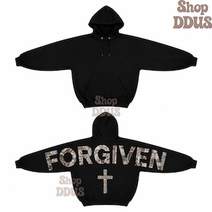 Camo Forgiven Arm to Arm Lettering Hoodie, Hunting Sweatshirt Faith Christmas Gift Religious Present Jesus Apparel Christian Text Zip Hoodie image 2