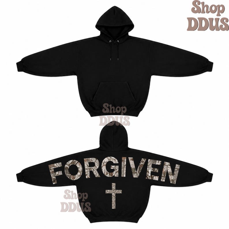 Camo Forgiven Arm to Arm Lettering Hoodie, Hunting Sweatshirt Faith Christmas Gift Religious Present Jesus Apparel Christian Text Zip Hoodie image 2