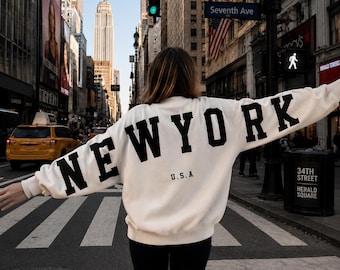 NEWYORK Crewneck Arm to Arm Lettering Oversized Sweatshirt or Hoodie, Big Letter Crewneck, Arm to Arm Big Bold Text Zip Hoodie Trendy