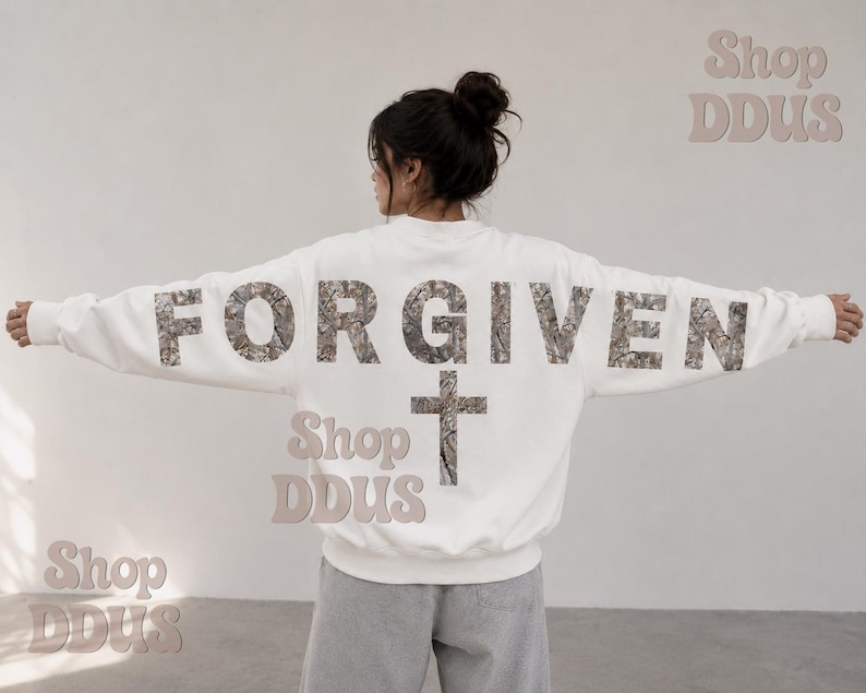 Camo Forgiven Arm to Arm Lettering Hoodie, Hunting Sweatshirt Faith Christmas Gift Religious Present Jesus Apparel Christian Text Zip Hoodie image 4