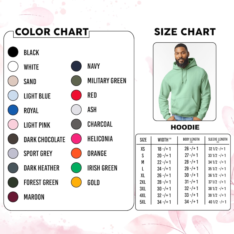 May include: A color chart and size chart for a hoodie. The color chart displays various colors like black, white, navy, and red. The size chart shows measurements for XS to 5XL hoodies, including width, body length, and sleeve length in inches.
