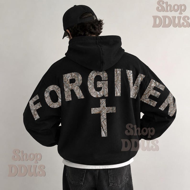 Camo Forgiven Arm to Arm Lettering Hoodie, Hunting Sweatshirt Faith Christmas Gift Religious Present Jesus Apparel Christian Text Zip Hoodie image 1