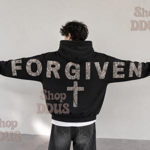 Camo Forgiven Arm to Arm Lettering Hoodie, Hunting Sweatshirt Faith Christmas Gift Religious Present Jesus Apparel Christian Text Zip Hoodie image 3