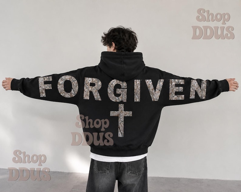 Camo Forgiven Arm to Arm Lettering Hoodie, Hunting Sweatshirt Faith Christmas Gift Religious Present Jesus Apparel Christian Text Zip Hoodie image 3