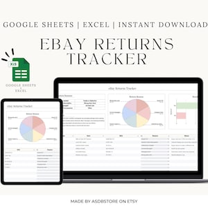Puede incluir: Imagen de un producto digital que muestra una computadora portátil y una tableta que muestran una hoja de cálculo de eBay Returns Tracker. El texto "EBAY RETURNS TRACKER" se muestra de forma destacada. El texto adicional incluye "GOOGLE SHEETS | EXCEL | INSTANT DOWNLOAD" y "MADE BY ASDBSTORE ON ETSY".