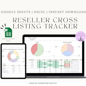 May include: A digital reseller cross-listing tracker shown on a laptop and tablet. The image features pie charts and data tables, with the text "GOOGLE SHEETS | EXCEL | INSTANT DOWNLOAD" and "RESELLER CROSS LISTING TRACKER".