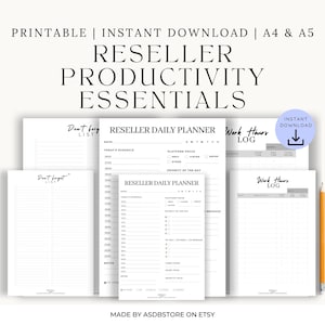 Op de afbeelding: Een verzameling afdrukbare reseller productiviteitstools, waaronder dagplanners, werkurenlogs en takenlijsten. De ontwerpen zijn in zwart en wit, met de tekst "Reseller Productivity Essentials" bovenaan. De afbeelding bevat ook de tekst "Instant Download".