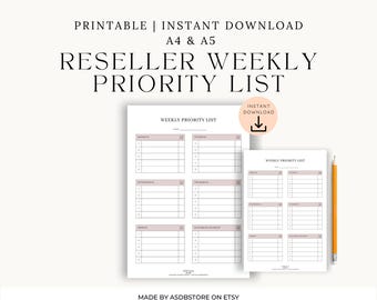 Elenco delle priorità settimanali del rivenditore / Planner attività stampabile / PDF A4 e A5