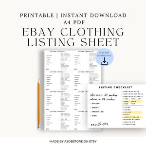 Puede incluir: Hoja de listado de ropa de eBay imprimible con lista de verificación, medidas en centímetros e icono de descarga instantánea. Incluye campos para axila a axila, largo, manga, cintura, entrepierna y tiro. Un lápiz amarillo está a la izquierda.