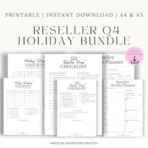 Könnte beinhalten: Ein Bundle aus druckbaren Planerseiten für Wiederverkäufer, einschließlich Checklisten und Wochenplanern. Die Seiten sind in Schwarzweiß gehalten und enthalten den Text "RESELLER Q4 HOLIDAY BUNDLE". Ein gelber Bleistift befindet sich auf der rechten Seite des Bildes.