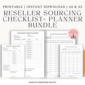Könnte beinhalten: Ein Bundle aus druckbaren Checklisten und Planerseiten für den Wiederverkauf. Die Seiten enthalten einen Sourcing-Reiseplaner und eine Reseller-Sourcing-Checkliste. Der Text enthält "Printable", "Instant Download" und "Made by ASDBSTORE on Etsy".